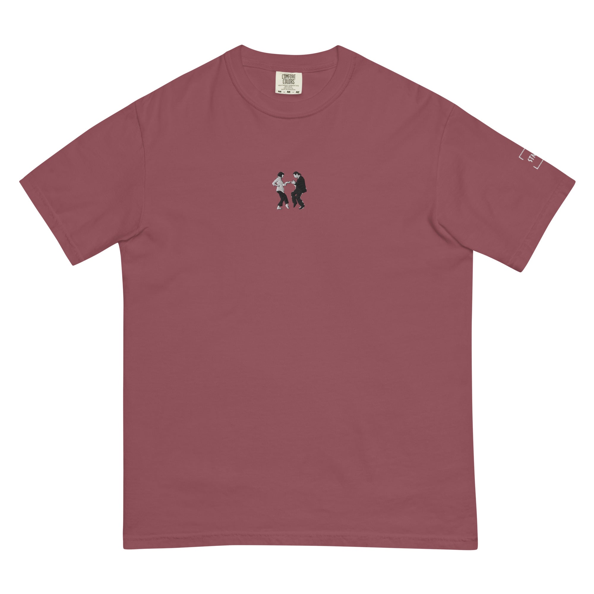 Embroidered heavyweight t-shirt in burgundy color, featuring a stylized graphic design on the front.