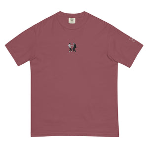 Embroidered heavyweight t-shirt in burgundy color, featuring a stylized graphic design on the front.