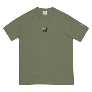 Embroidered olive green t-shirt with minimalist graphic design